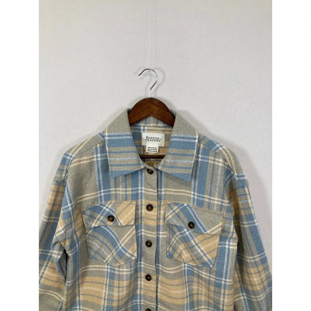 Boston Traders Plaid Flannel Shirt Jacket Beige Blue‎ Button Up Casual Size M - Picture 4 of 9